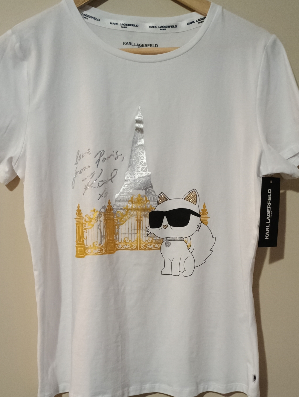 Karl Lagerfeld White Tee with Gold Gate, Silver Eiffel & Black Dog